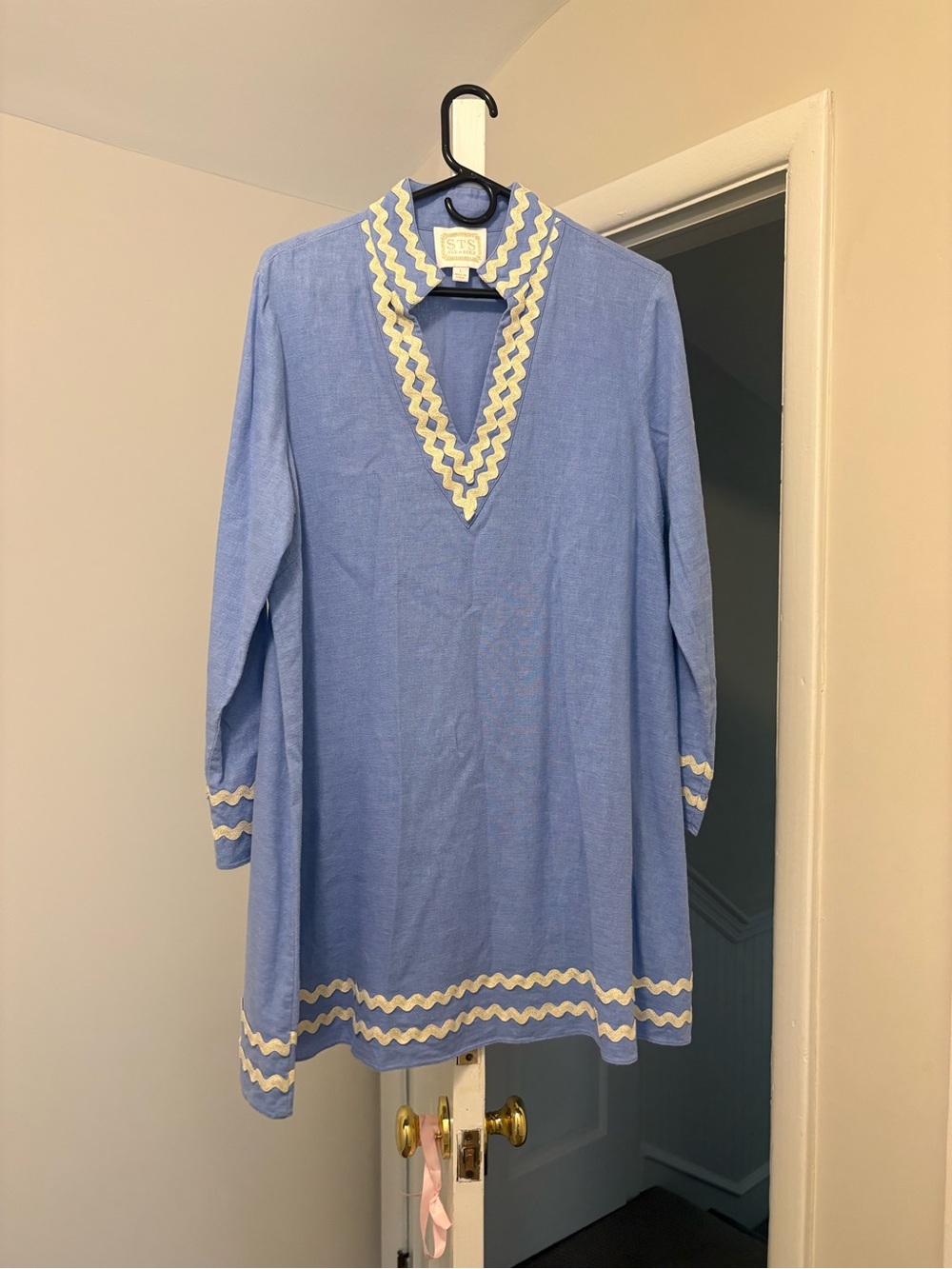 Sail to Sable Blue Tunic Dress with Cream Zigzag Trim